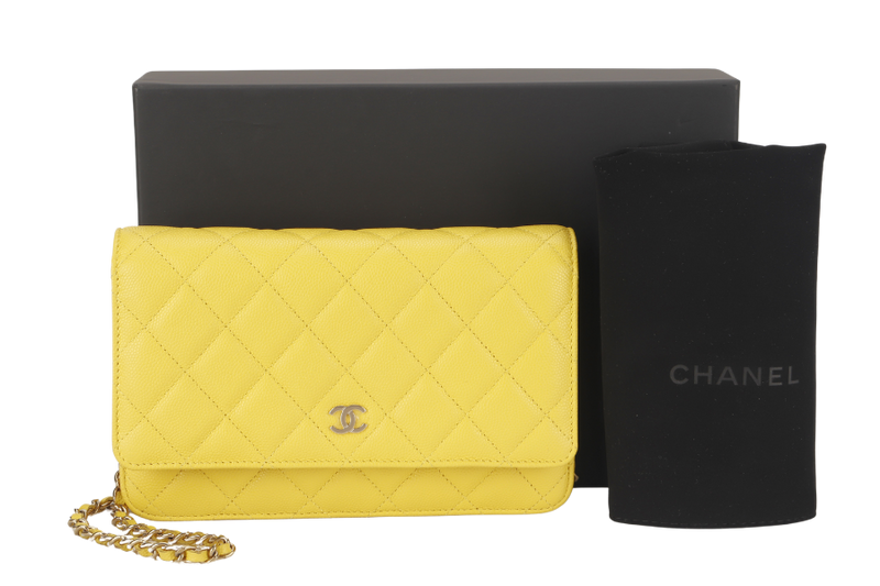 CHANEL CLASSIC WALLET ON CHAIN MICROCHIP (ETGCxxxx) YELLOW CAVIAR LEATHER SILVER HARDWARE WITH DUST COVER AND BOX