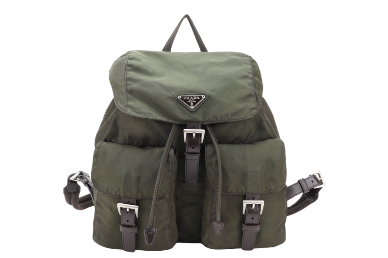 PRADA B2811 GREEN VELA NYLON BACKPACK WITH SILVER HARDWARE WITH CARD NO DUST COVER