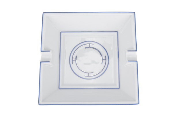 HERMES PORCELAINE ASHTRAY IN WHITE COLOR BLUE TRIM WITH BOX