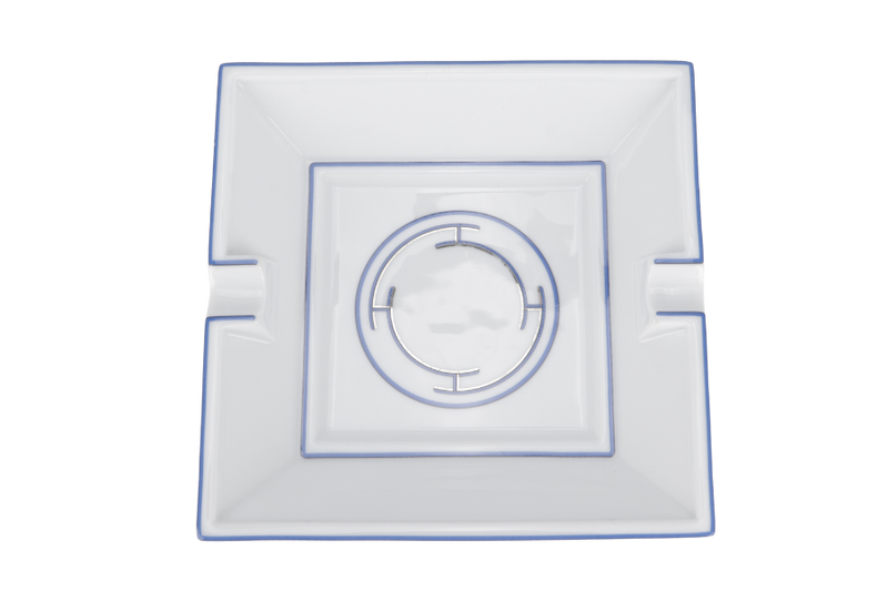 HERMES PORCELAINE ASHTRAY IN WHITE COLOR BLUE TRIM WITH BOX