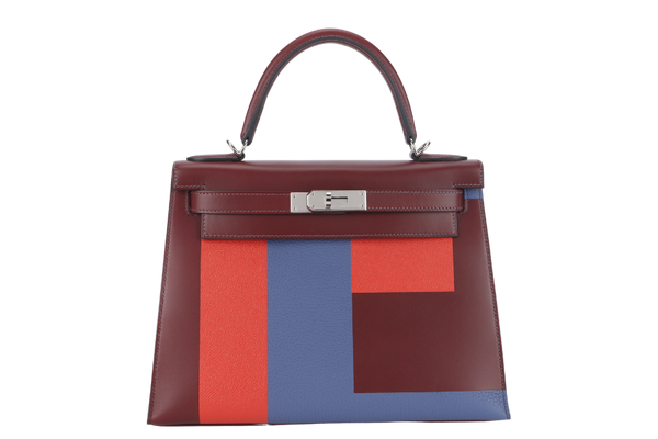 HERMES KELLY 28 LETTRE E ROUGE H CAPUCINE, BLUE BRIGHTON, EPSOM, CLEMENCE SOMBRERO LEATHER SILVER HARDWARE STAMP C (2018) WITH KEYS&LOCK STRAPS AND DUST COVER