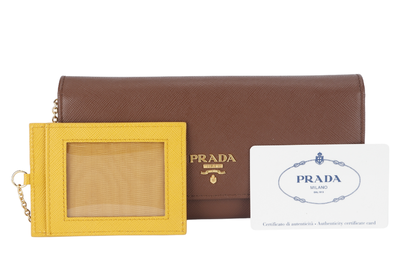 PRADA LONG WALLET BIFOLD (1M1132) BROWN SAFFIANO LEATHER GOLD HARDWARE WITH CARD