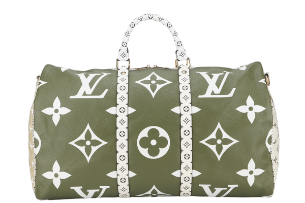 LOUIS VUITTON KEEPALL BANDOULIERE 50 (M44590) KHAKI BEIGE GIANT MONOGRAM GOLD HARDWARE WITH STRAPS, PADLOCK, KEYS, DUST COVER AND BOX