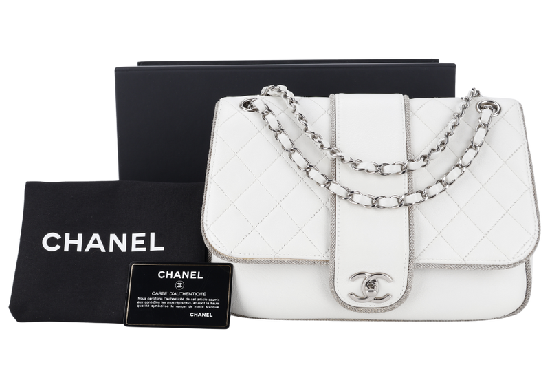 CHANEL WHITE QUILTED LEATHER GLITTER TRIM EDGE SHOULDER BAG SILVER CHAIN 2718xxxx WITH CARD, DUST COVER AND BOX