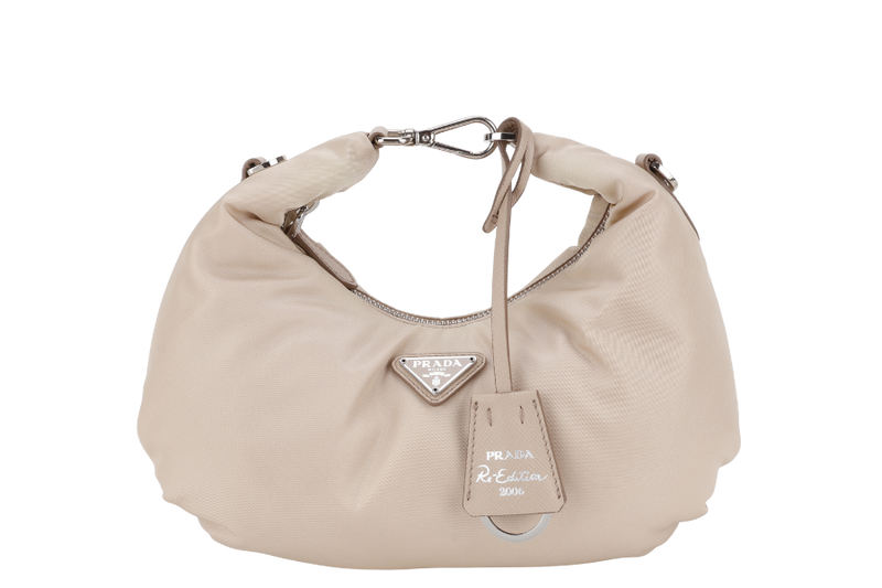 PRADA 1BH172 SAFFIANO BEIGE CHAIN SHOULDER BAG SILVER HARDWARE WITH CARD AND DUST COVER