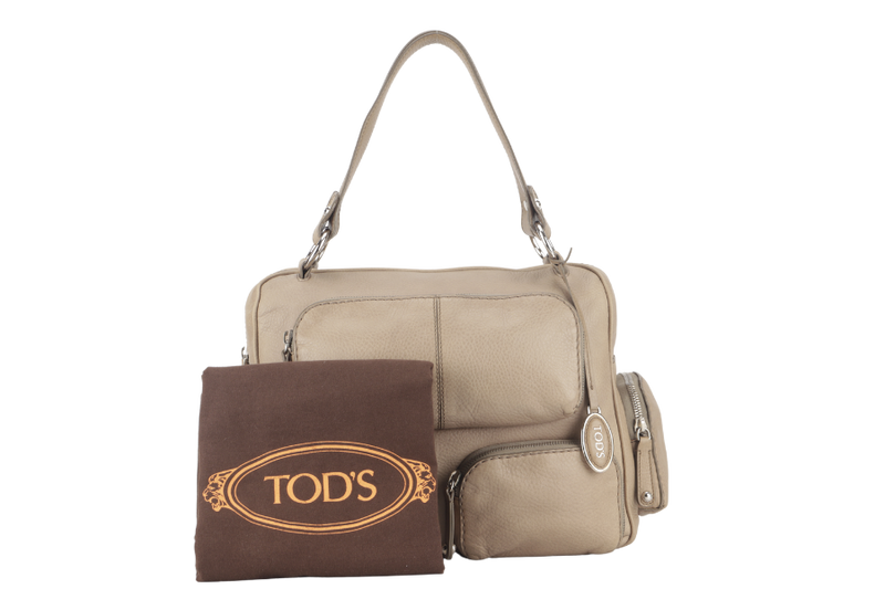 TOD'S BEIGE LEATHER MULTI POCKET SATCHEL BAG SILVER HARDWARE WITH DUST COVER