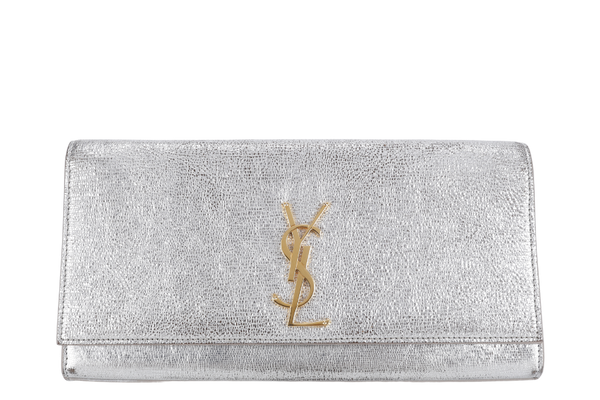 YVES SAINT LAURENT (YSL) CASSANDRE CLUTCH SILVER CALF LEATHER GOLD HARDWARE WITH DUST COVER