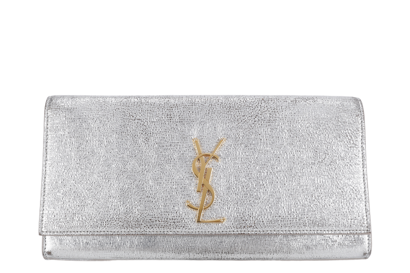 YVES SAINT LAURENT (YSL) CASSANDRE CLUTCH SILVER CALF LEATHER GOLD HARDWARE WITH DUST COVER