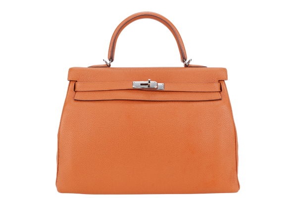 HERMES KELLY 35 ORANGE COLOR TOGO LEATHER SILVER HARDWARE STAMP P SQUARE (YEAR 2012) WITH STRAPS, DUST COVER, LOCK&KEYS AND RAINCOAT