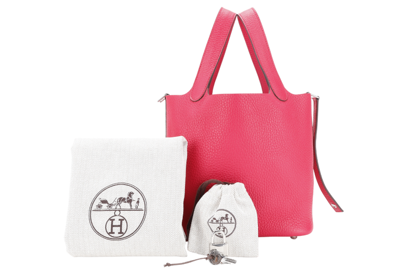 HERMES PICOTIN 18 ROSE TEXAS COLOR CLEMENCE LEATHER STAMP A (2017) SILVER HARDWARE WITH LOCK & KEYS AND DUST COVER