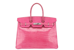 HERMES BIRKIN 35 SHINY POROSUS ROSE TYRIEN SILVER HARDWARE STAMP UNCLEAR WITH KEYS, LOCK, RAINCOAT AND DUST COVER