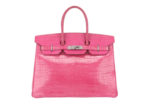 HERMES BIRKIN 35 SHINY POROSUS ROSE TYRIEN SILVER HARDWARE STAMP UNCLEAR WITH KEYS, LOCK, RAINCOAT AND DUST COVER