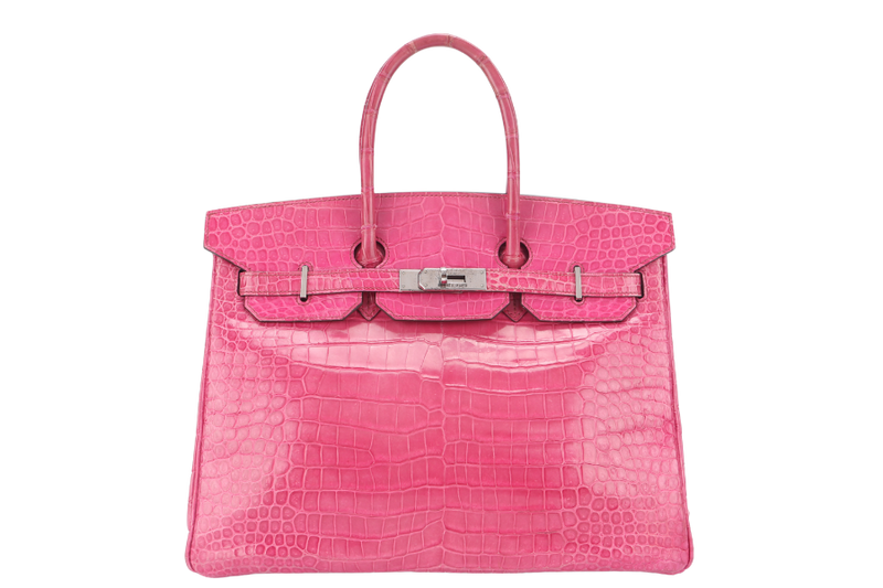 HERMES BIRKIN 35 SHINY POROSUS ROSE TYRIEN SILVER HARDWARE STAMP UNCLEAR WITH KEYS, LOCK, RAINCOAT AND DUST COVER