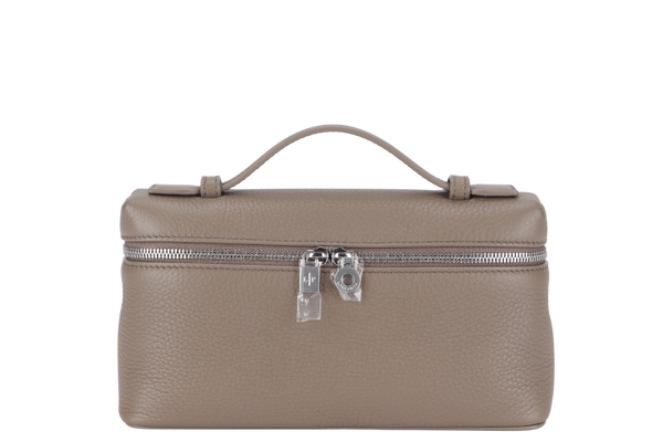 LORO PIANA EXTRA POCKET L19 ETOUPE COLOR GRAINED CALFSKIN SILVER HARDWARE WITH STRAP, DUST COVER AND BOX