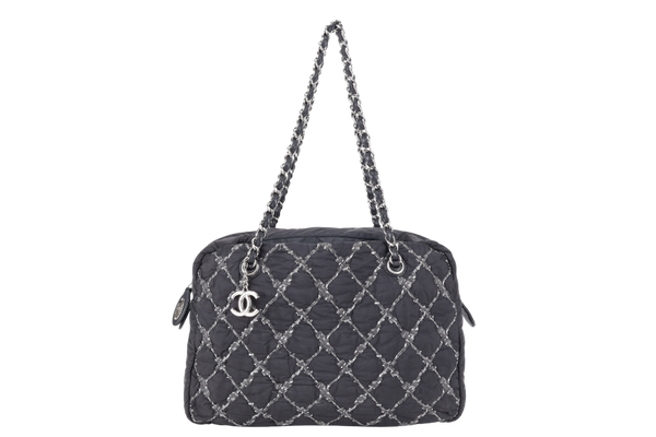 CHANEL TWEED ON STITCH BUBBLE BOWLING BAG (1519xxxx) BLACK NYLON SILVER HARDWARE NO DUST COVER