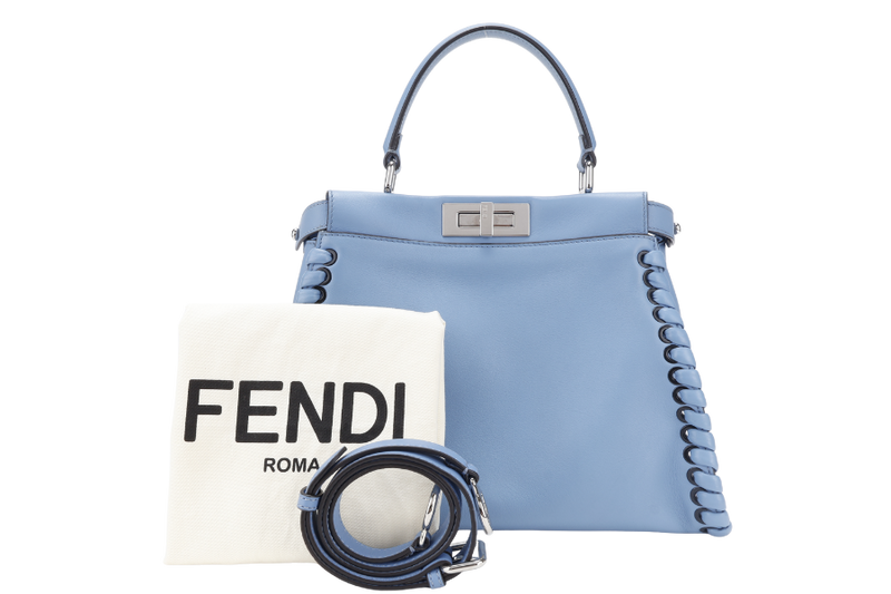 FENDI PEEKABOO (8BN290-81P-188-10429) BLUE GRAINED CALF LEATHER SILVER HARDWARE WITH RAINCOAT, STRAPS AND DUST COVER
