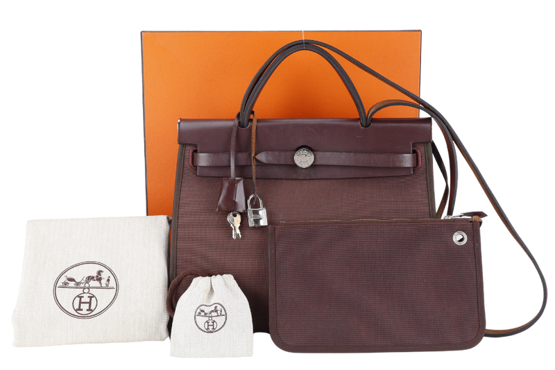 HERMES HERBAG 31 PRUNE CANVAS WITH BROWN LEATHER TRIM STAMP R (2014) SILVER HARDWARE WITH LOCK & KEYS, DUST COVER AND BOX