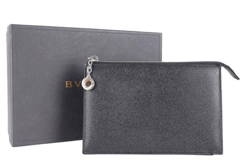BVLGARI SMALL ZIP POUCH BLACK LEATHER SILVER HARDWARE WITH BOX