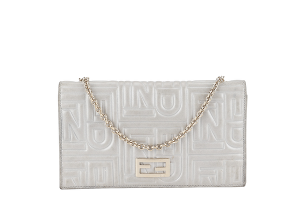 FENDI SILVER METALLIC NAPPA LOGO EMBOSSED W.O.C GOLD HARDWARE (AX41526) WITH CHAIN STRAPS NO DUST COVER