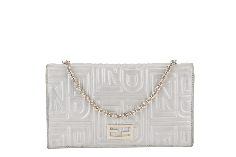 FENDI SILVER METALLIC NAPPA LOGO EMBOSSED W.O.C GOLD HARDWARE (AX41526) WITH CHAIN STRAPS NO DUST COVER