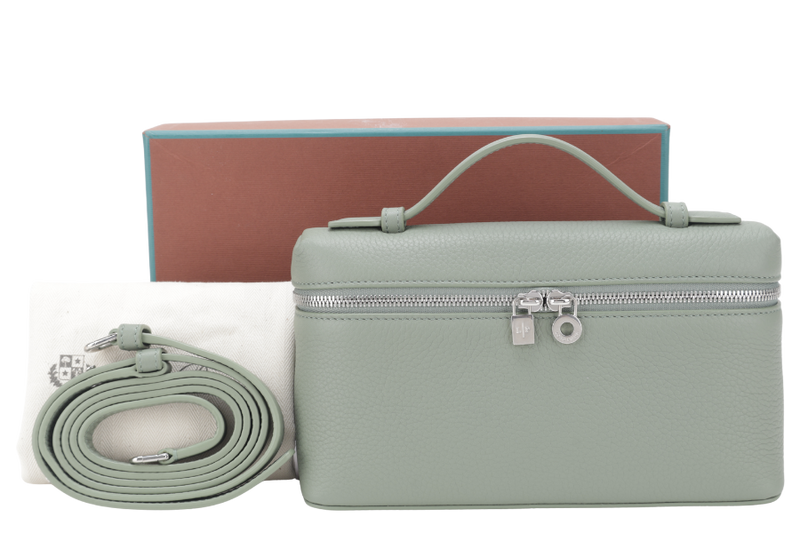 LORO PIANA EXTRA POCKET L19 GRAINED CALFSKIN SAGE BRUSH LEAVES (5OUB) COLOR SILVER HARDWARE WITH DUST COVER AND BOX