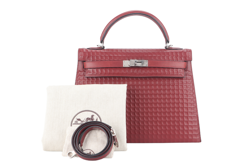 HERMES KELLY 32 WAFFLE SELLIER STAMP G (YEAR 2003) ROUGE H EVERCALF LEATHER SILVER HARDWARE WITH STRAPS, DUST COVER (NO KEYS & LOCK)