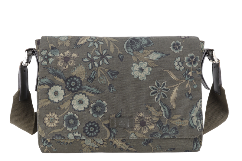 GUCCI FLORAL PRINT GREEN CANVAS MESSENGER BAG SILVER HARDWARE NO DUST COVER