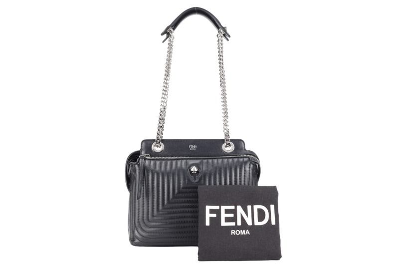 FENDI DOT COM BAG BLACK CALF LEATHER SILVER HARDWARE WITH DUST COVER