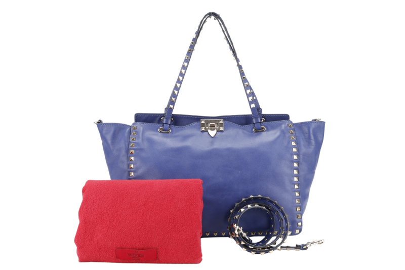 VALENTINO VITELLO SMALL ROCKSTUD BLUE LEATHER TOTE BAG WITH GOLD HARDWARE WITH STRAPS AND DUST COVER