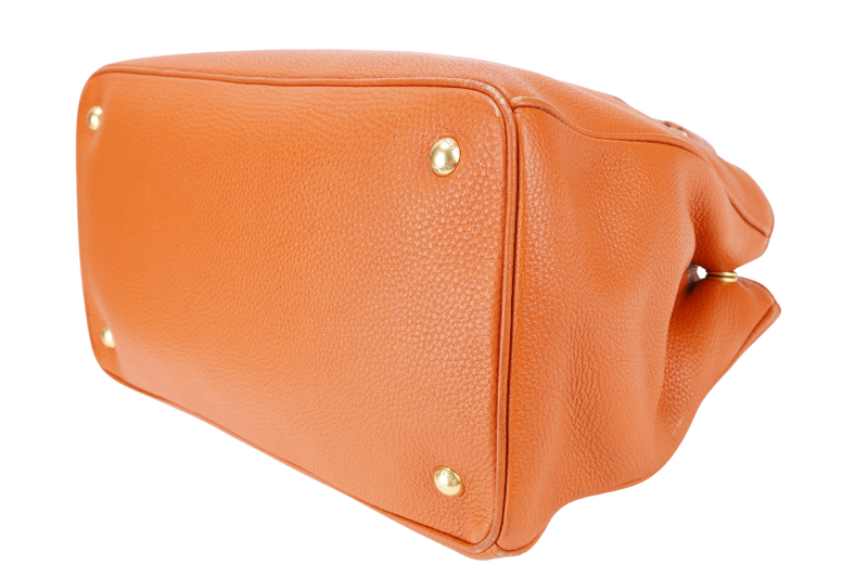 PRADA BN2579 VITELLO DAINO ZIP BAG ORANGE LEATHER GOLD HARDWARE WITH DUST COVER, LONG STRAPS AND CARD