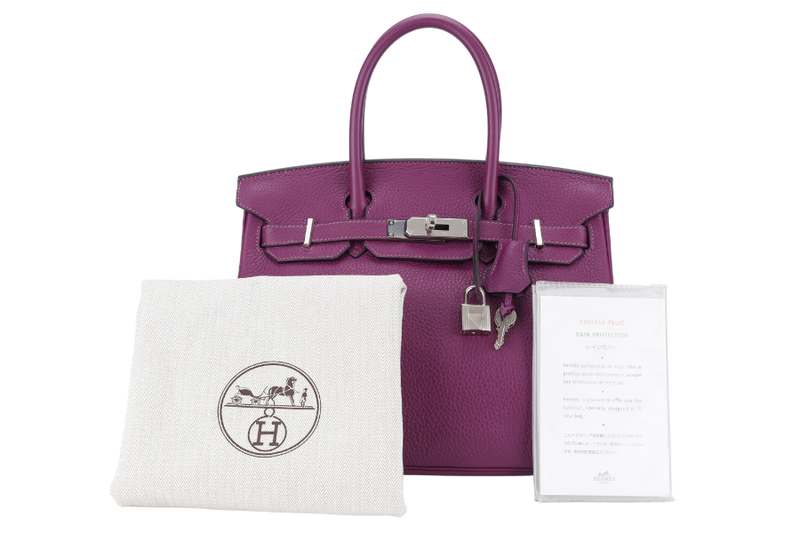 HERMES BIRKIN 30 ANEMONE CLEMENCE LEATHER SILVER HARDWARE STAMP Z (2021) WITH DUST COVER