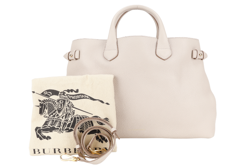 BURBERRY BEIGE BANNER HOUSE CHECK DERBY TOTE CALF LEATHER GOLD HARDWARE WITH STRAPS AND DUST COVER