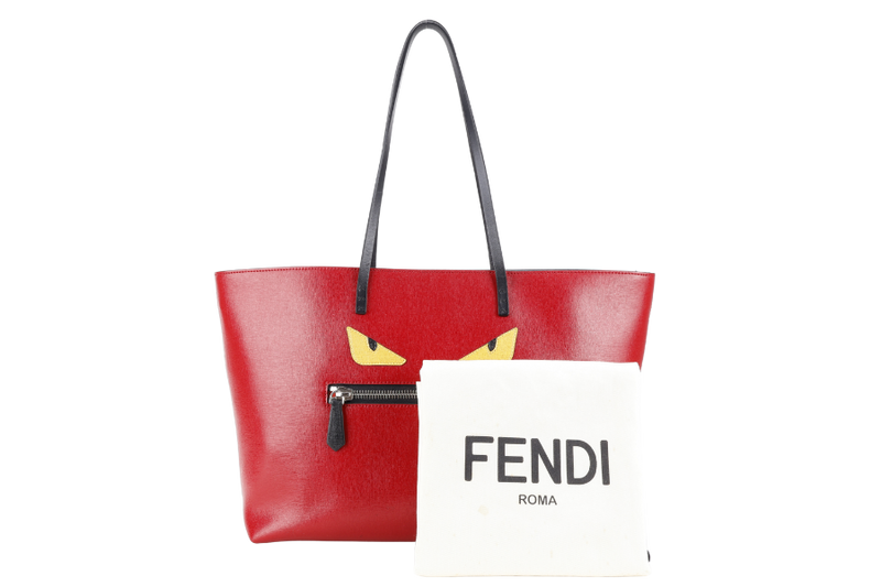 FENDI MONSTER ROLL TOTE RED LEATHER SILVER HARDWARE WITH DUST COVER