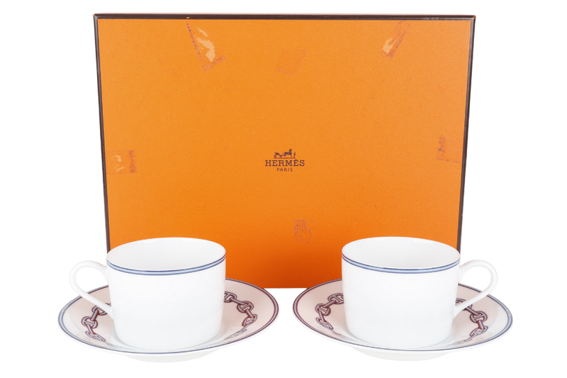 HERMES CHAINE D'ANCRE PORCELAIN TEA CUP AND SAUCER SET OF 2 WITH BOX