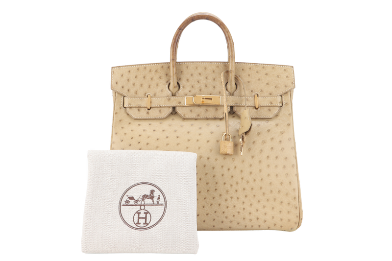 HERMES BIRKIN HAC 32 OSTRICH PARCHEMIN GOLD HARDWARE STAMP C (YEAR 1999) WITH KEYS, LOCK AND DUST COVER