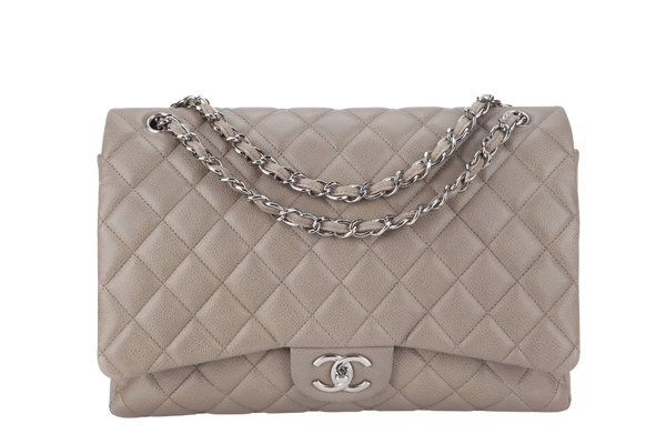 CHANEL CLASSIC DOUBLE FLAP MAXI (1444xxxx) BROWN CAVIAR LEATHER SILVER HARDWARE WITH CARD AND DUST COVER