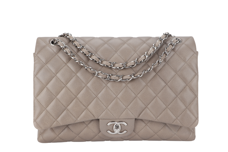 CHANEL CLASSIC DOUBLE FLAP MAXI (1444xxxx) BROWN CAVIAR LEATHER SILVER HARDWARE WITH CARD AND DUST COVER