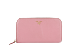 PRADA ZIP AROUND LONG WALLET PINK SAFFIANO LEATHER GOLD HARDWARE WITH BOX