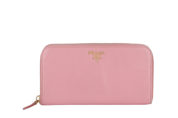 PRADA ZIP AROUND LONG WALLET PINK SAFFIANO LEATHER GOLD HARDWARE WITH BOX