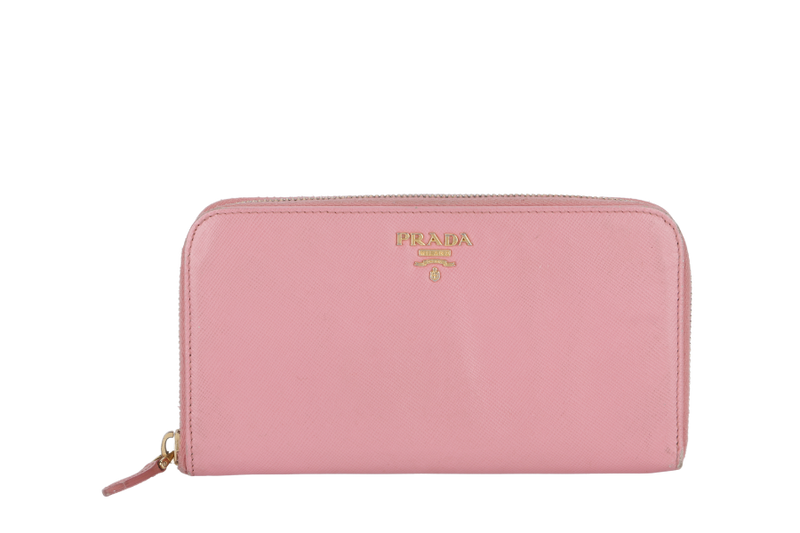 PRADA ZIP AROUND LONG WALLET PINK SAFFIANO LEATHER GOLD HARDWARE WITH BOX