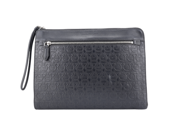 SALVATORE FERRAGAMO PATTERN CLUTCH BAG LARGE BLACK SILVER HARDWARE NO DUST COVER