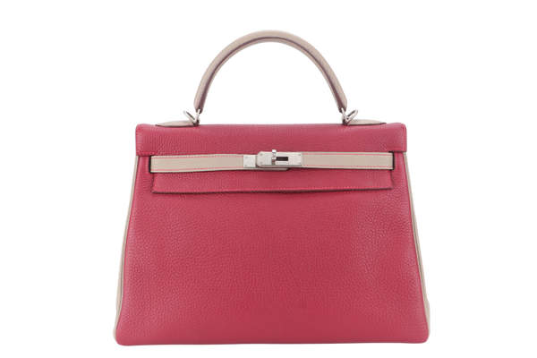 HERMES KELLY 32 HSS VERSO TOSCA AND GRIS T COLOR TOGO LEATHER BRUSHED SILVER HARDWARE STAMP O (YEAR 2011) WITH LOCK, KEYS AND STRAP, NO DUST COVER