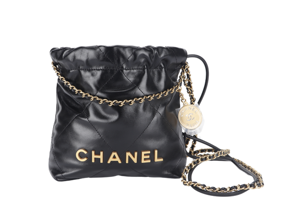 CHANEL 22 MINI (LHKxxxx) BLACK CALF LEATHER GOLD HARDWARE WITH DUST COVER AND BOX