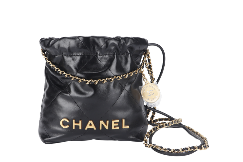 CHANEL 22 MINI (LHKxxxx) BLACK CALF LEATHER GOLD HARDWARE WITH DUST COVER AND BOX