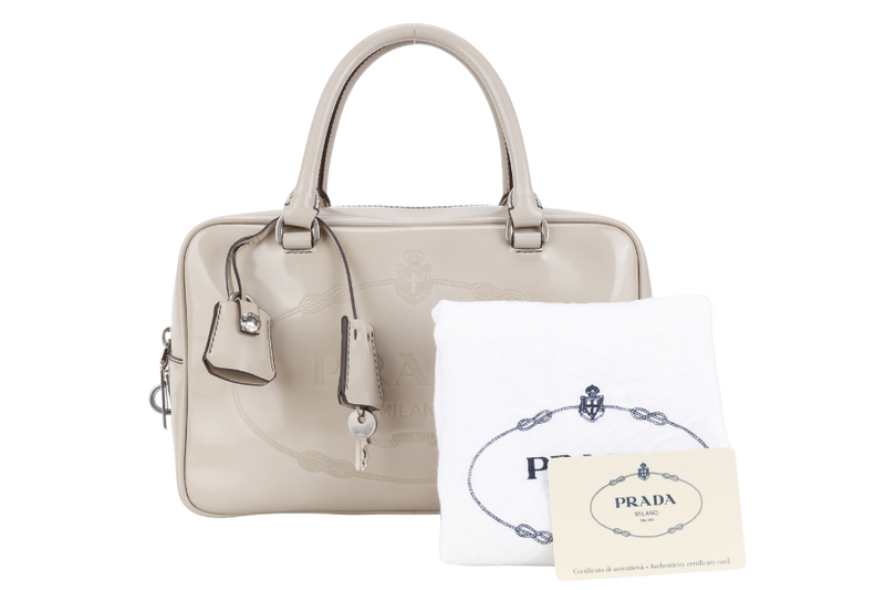 PRADA BN1114 TOP HANDLE BEIGE VINYL BAG SILVER HARDWARE WITH CARD, KEYS&LOCK AND DUST COVER