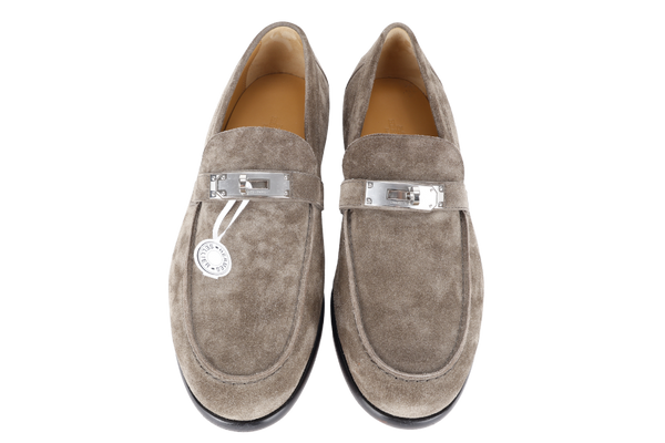 HERMES DESTIN LOAFER ETOUPE SUEDE CALFSKIN SIZE 43 WITH DUST COVER AND BOX