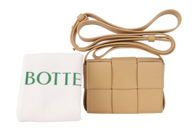 BOTTEGA VENETA CANDY CASSETTE CROSSBODY BAG PORRIDGE LAMBSKIN GOLD HARDWARE WITH DUST COVER