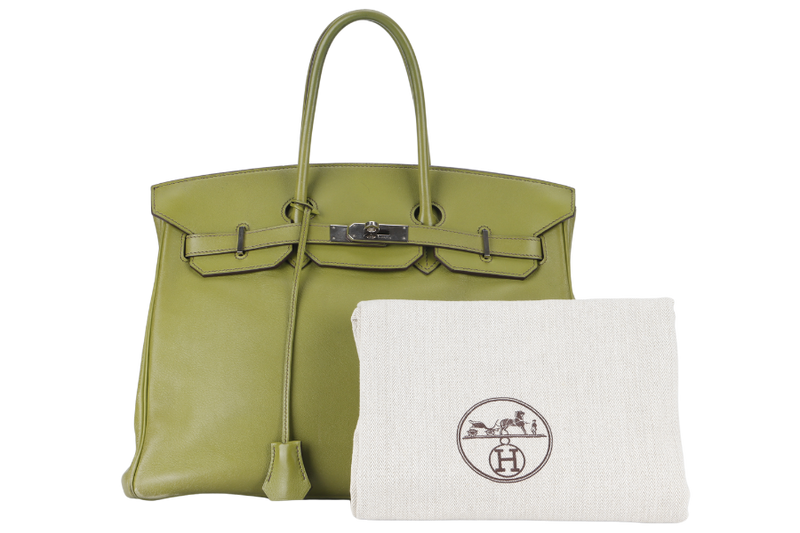 HERMES BIRKIN 35 VERT ANIS SWIFT LEATHER PALLADIUM HARDWARE STAMP K (YEAR 2007) WITH 2 KEYS NO LOCK WITH DUST COVER AND CLOCHETTE