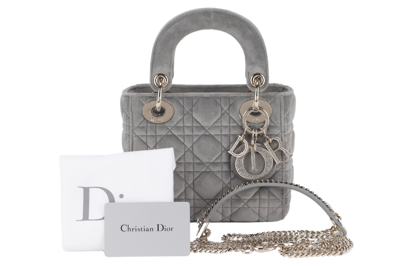 CHRISTIAN DIOR LADY DIOR (01-RU-1129) MINI GREY SUEDE LEATHER GOLD HARDWARE WITH STRAP, CARD AND DUST COVER