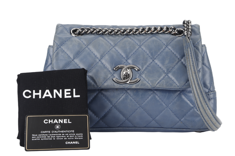 CHANEL FLAP MEDIUM BLUE SHOULDER BAG (2075xxxx) CALFSKIN LEATHER PALLADIUN HARDWARE WITH CARD AND DUST COVER